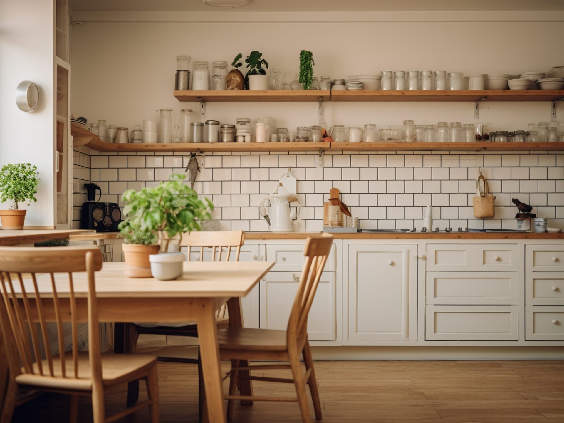 Kitchen interior with table and chairs in scandinavian style